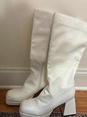 White Patent Block Heel Knee-High Boots